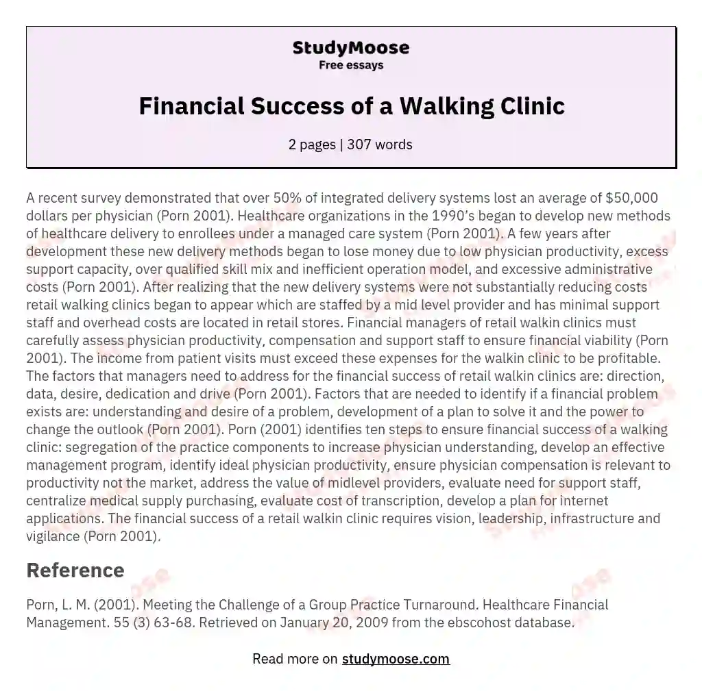 Financial Success of a Walking Clinic essay