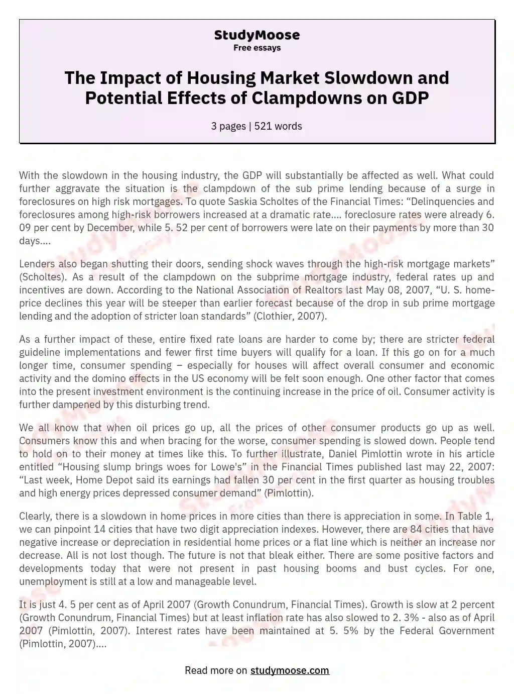 The Impact of Housing Market Slowdown and Potential Effects of Clampdowns on GDP essay