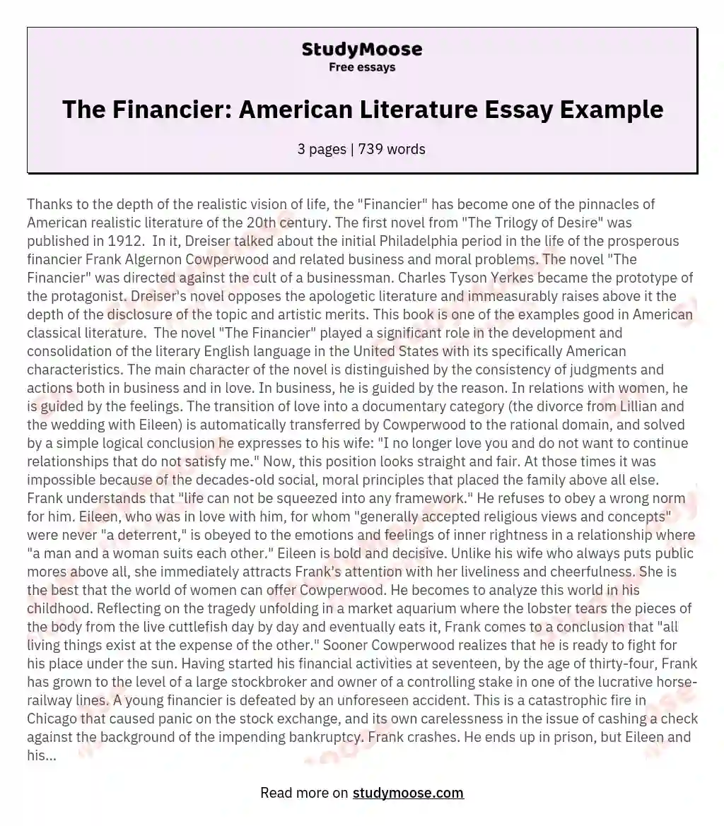 The Financier: American Literature Essay Example essay
