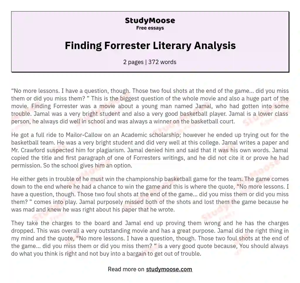 Finding Forrester Literary Analysis essay