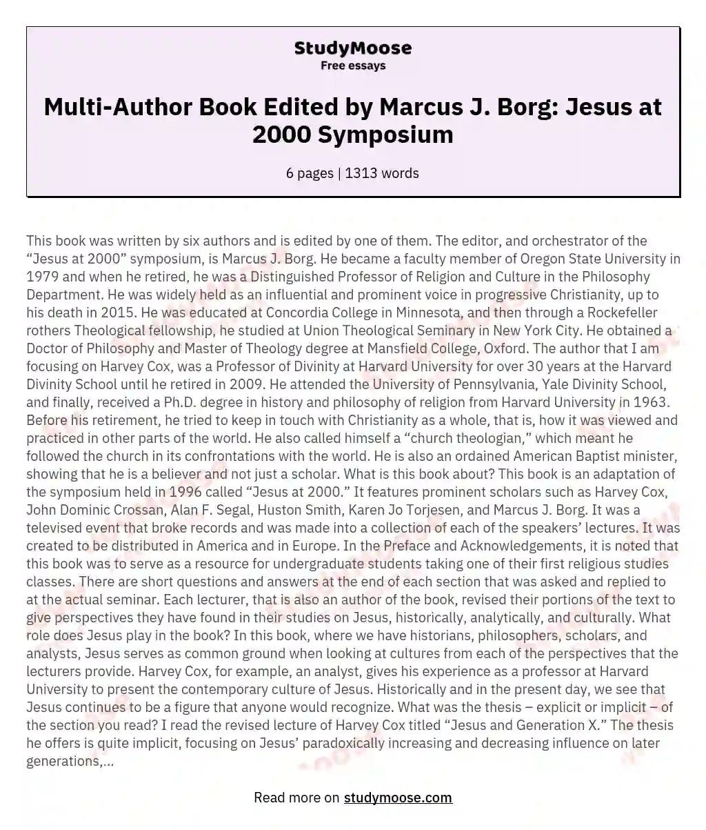 Multi-Author Book Edited by Marcus J. Borg: Jesus at 2000 Symposium essay