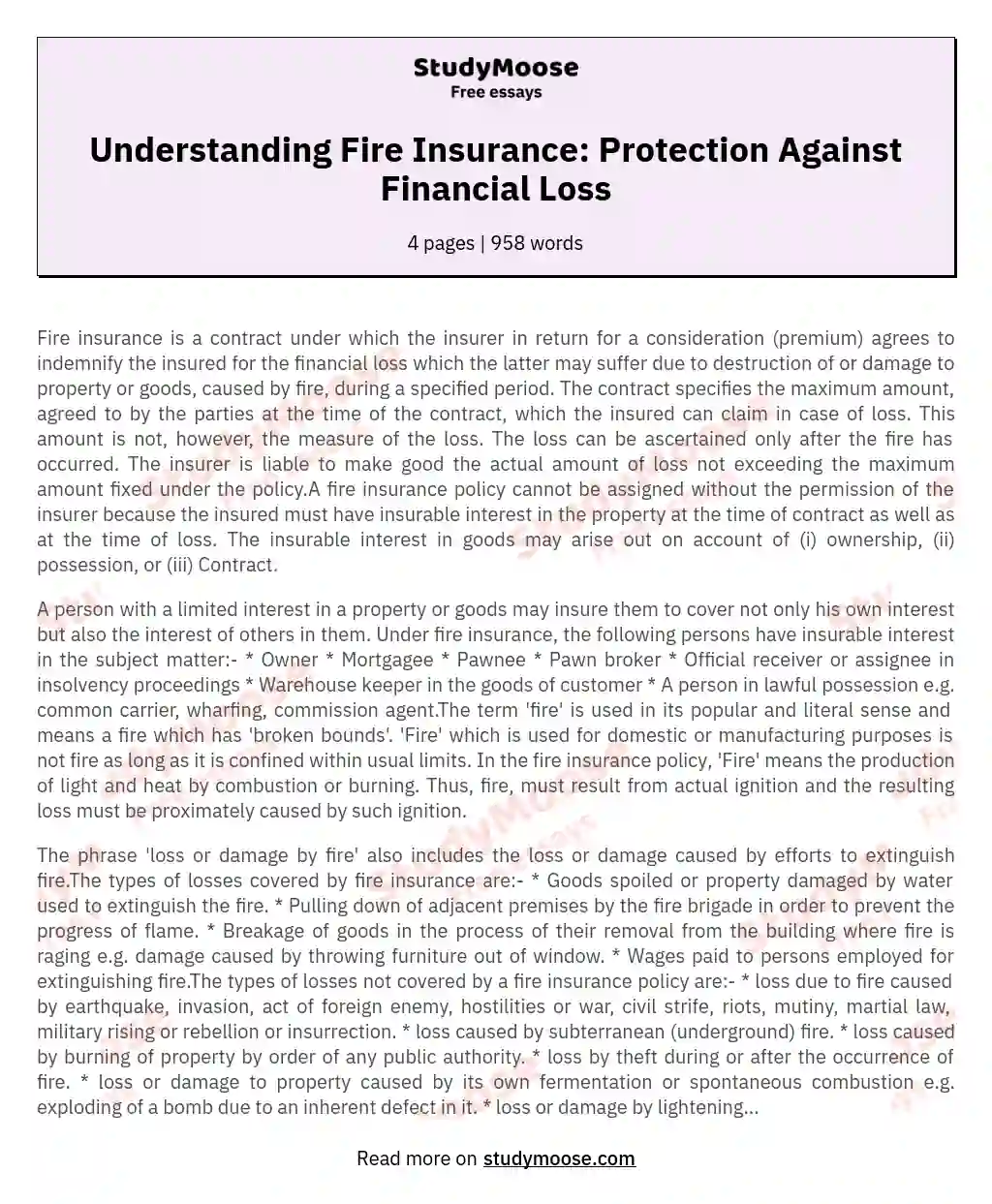 Understanding Fire Insurance: Protection Against Financial Loss essay