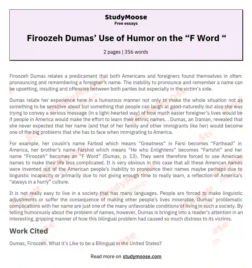 Firoozeh Dumas’ Use of Humor on the “F Word “ essay