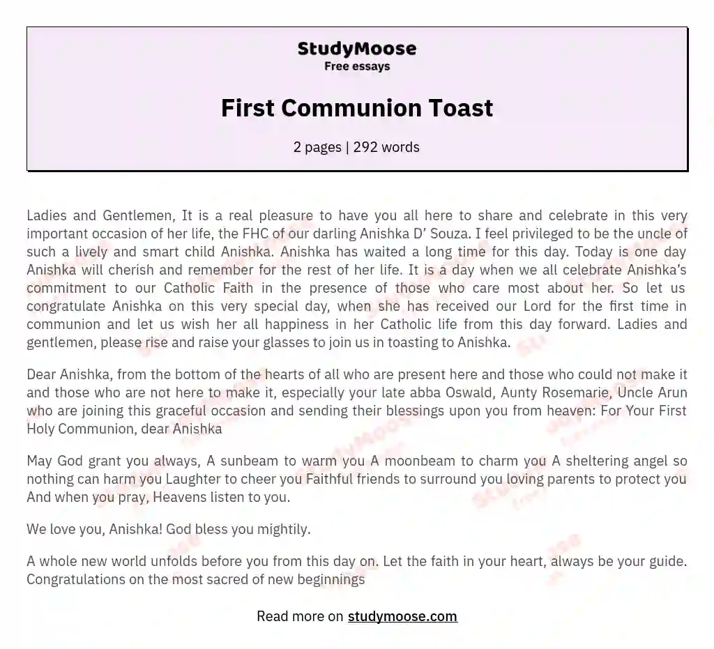 First Communion Toast essay
