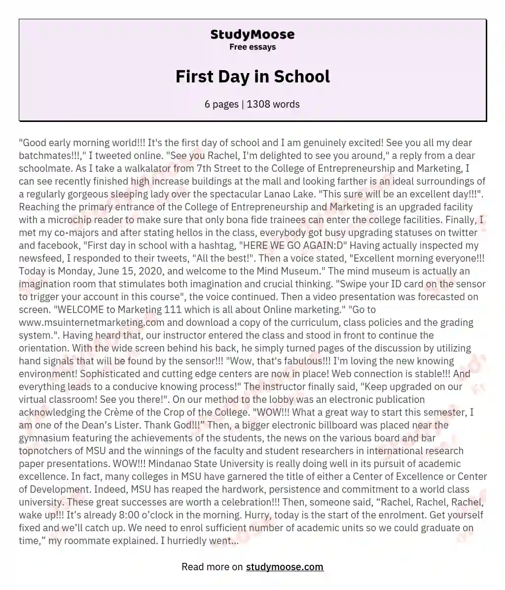 essay on my first day in school in english