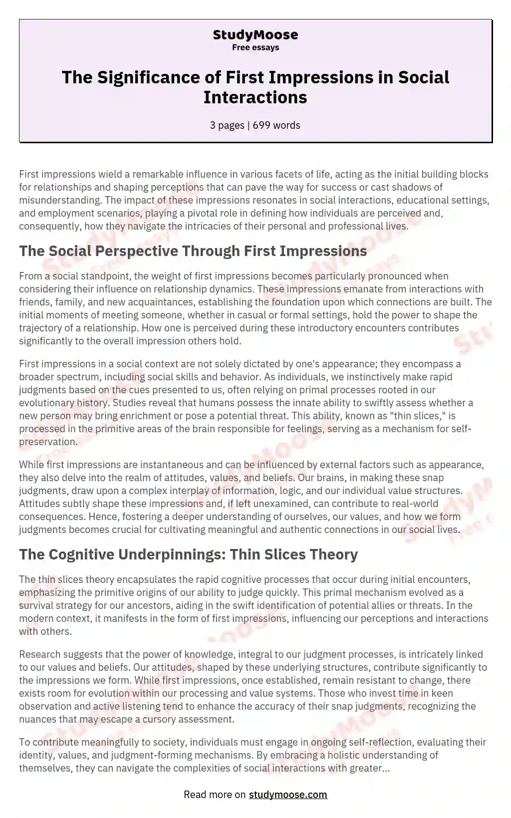 The Significance of First Impressions in Social Interactions essay