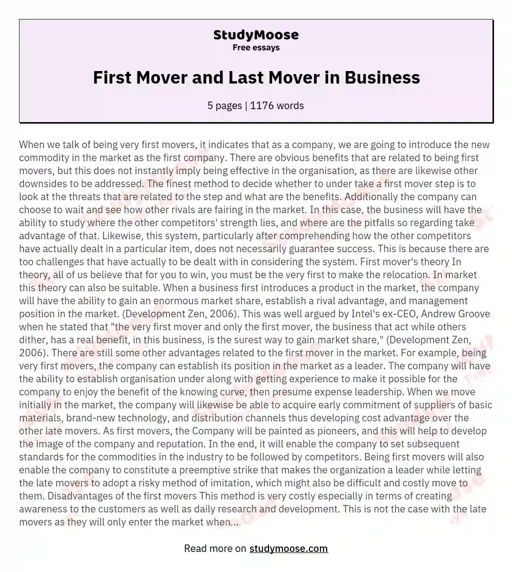 First Mover and Last Mover in Business essay