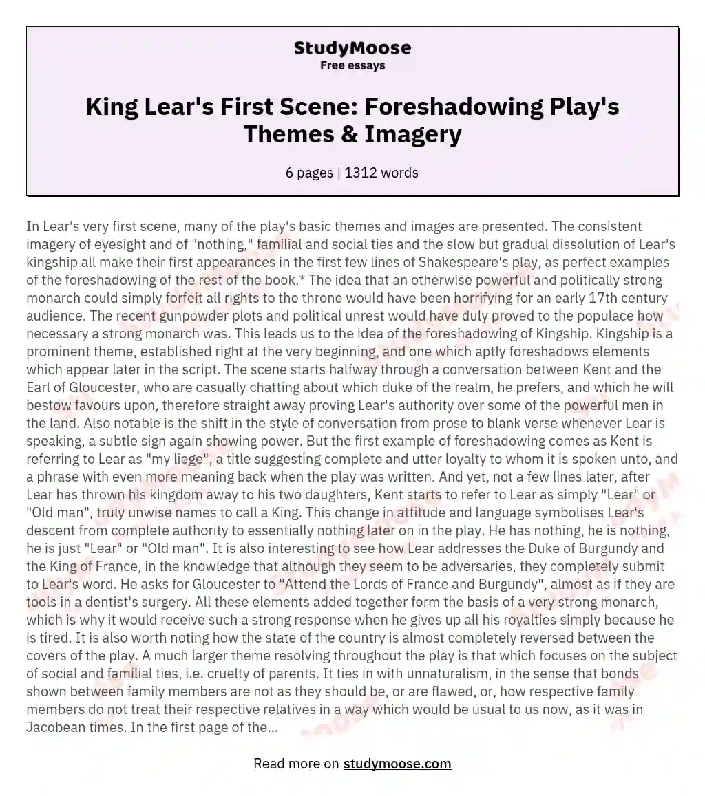King Lear's First Scene: Foreshadowing Play's Themes & Imagery essay