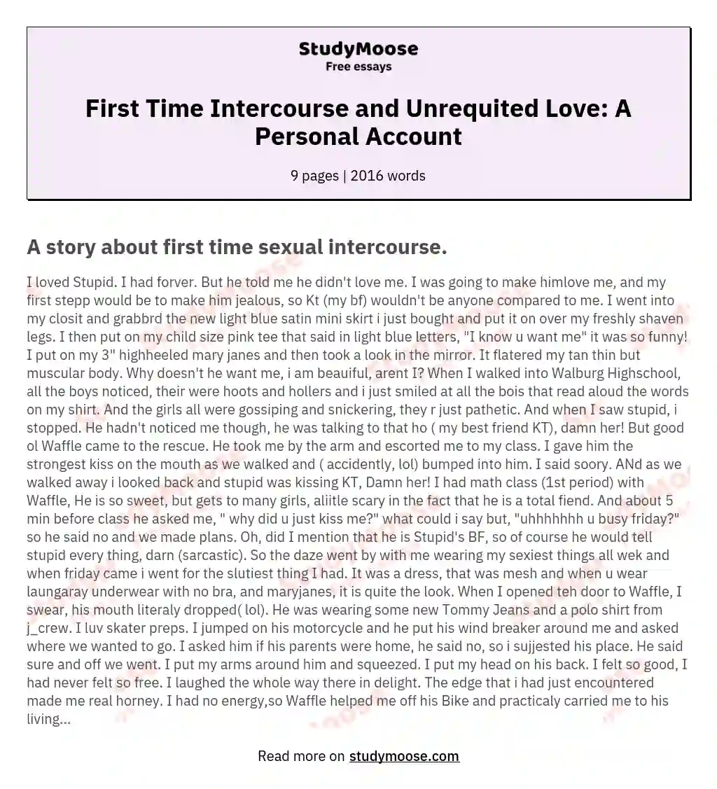 First Time Intercourse and Unrequited Love: A Personal Account essay