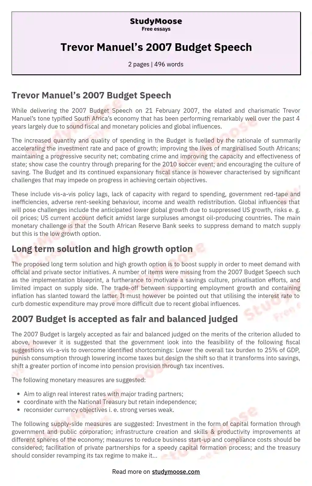 Trevor Manuel’s 2007 Budget Speech essay