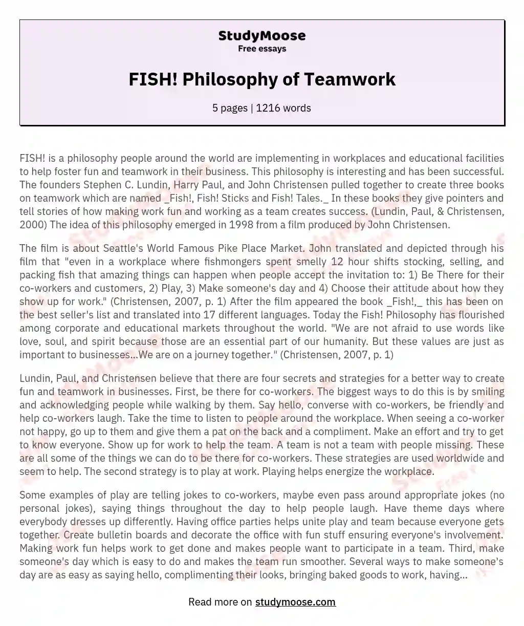 The Fish! Philosophy: A Catalyst for Fun and Teamwork essay