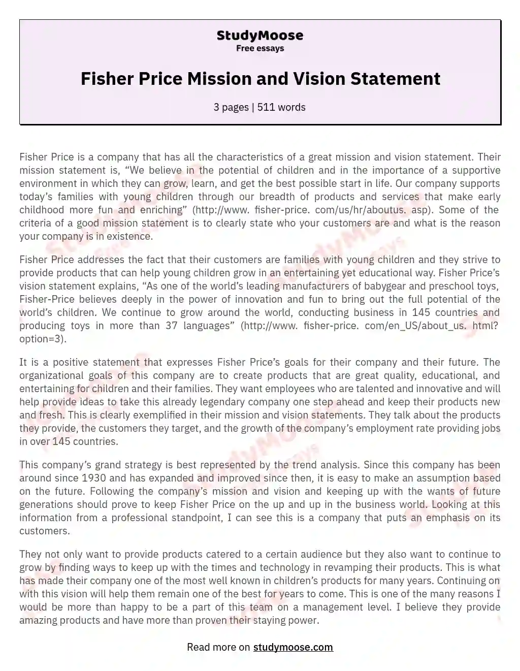 Fisher Price Mission and Vision Statement essay