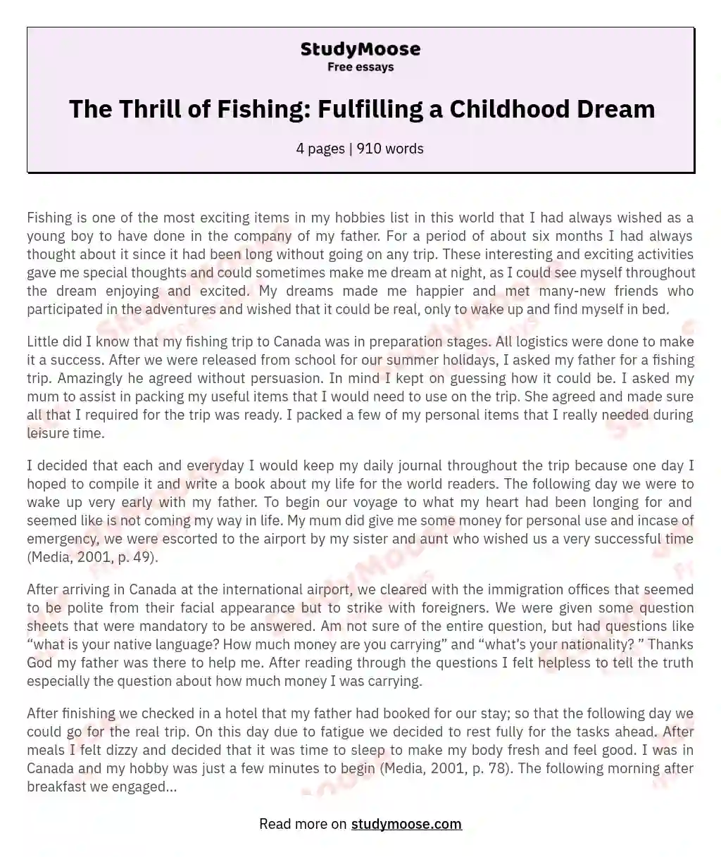 The Thrill of Fishing: Fulfilling a Childhood Dream essay