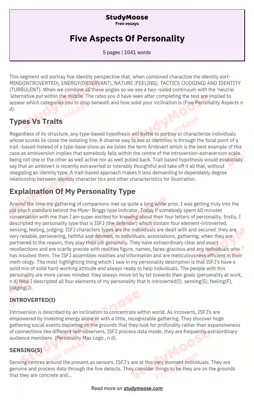 Five Aspects Of Personality essay