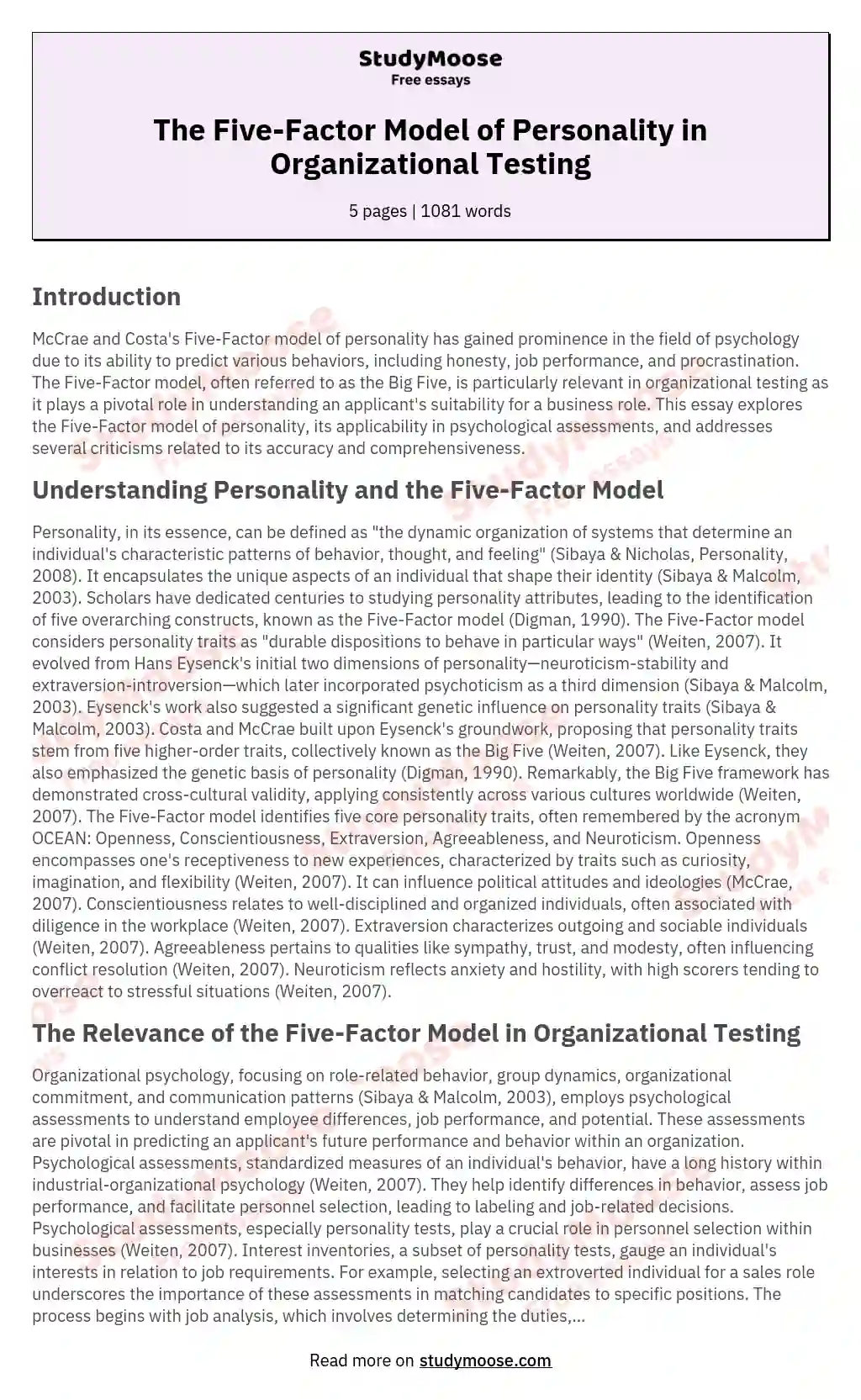 The Five-Factor Model of Personality in Organizational Testing essay