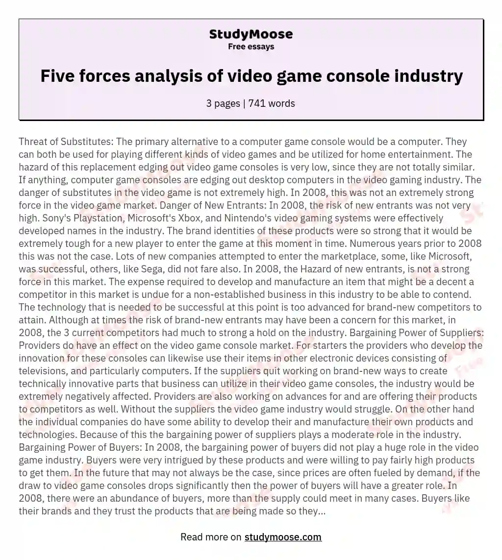 Five forces analysis of video game console industry essay