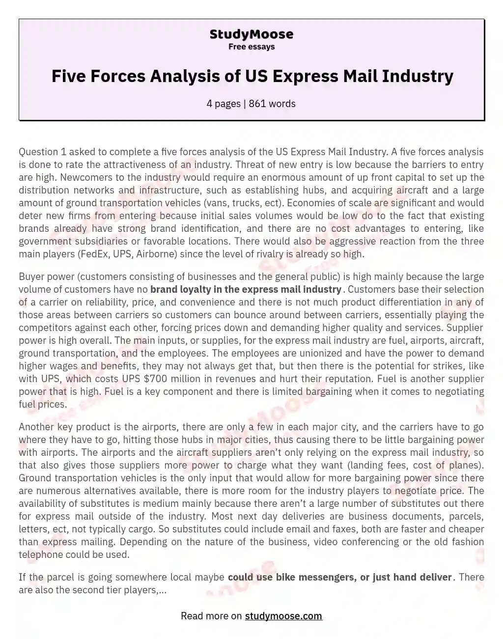 Five Forces Analysis of US Express Mail Industry