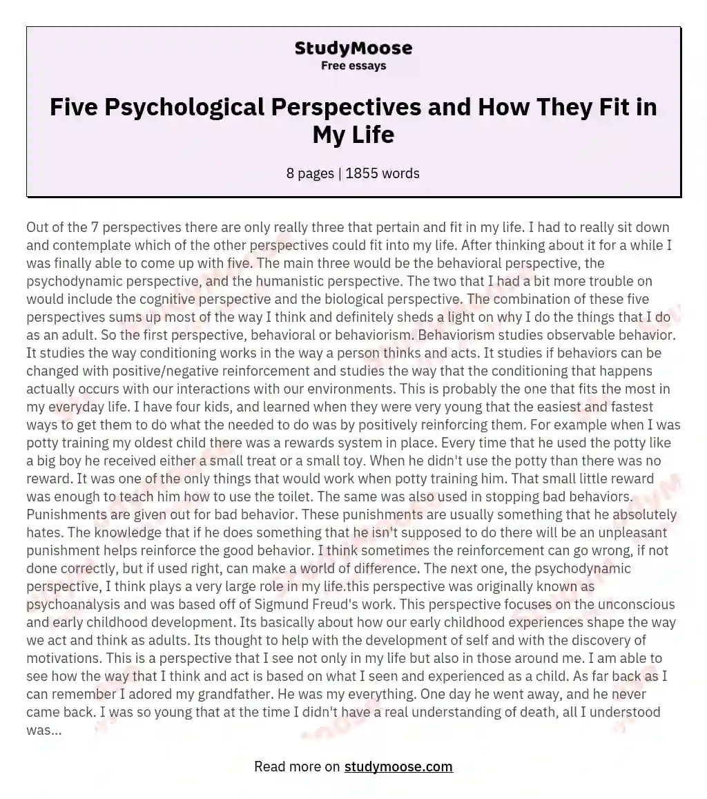 Five Psychological Perspectives and How They Fit in My Life
