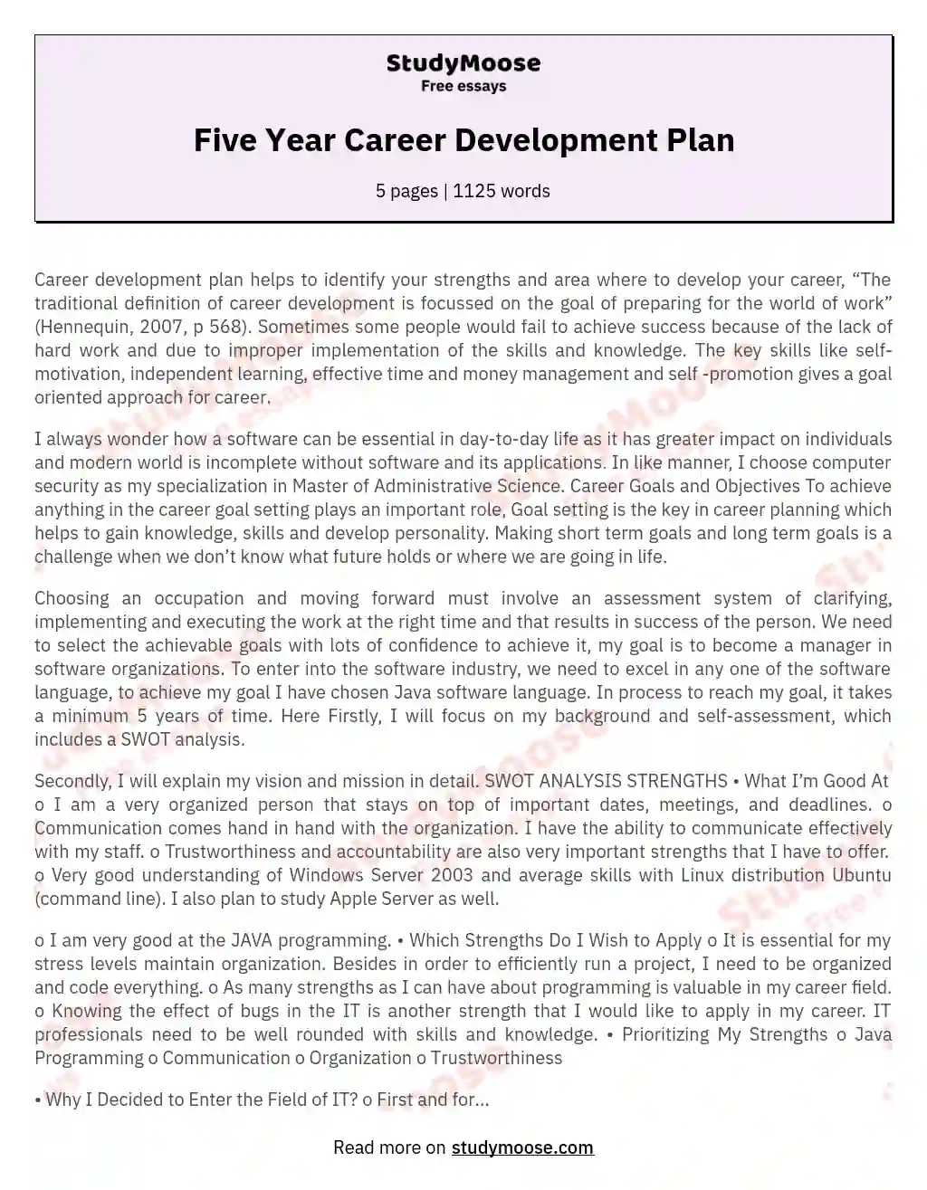 Five Year Career Development Plan