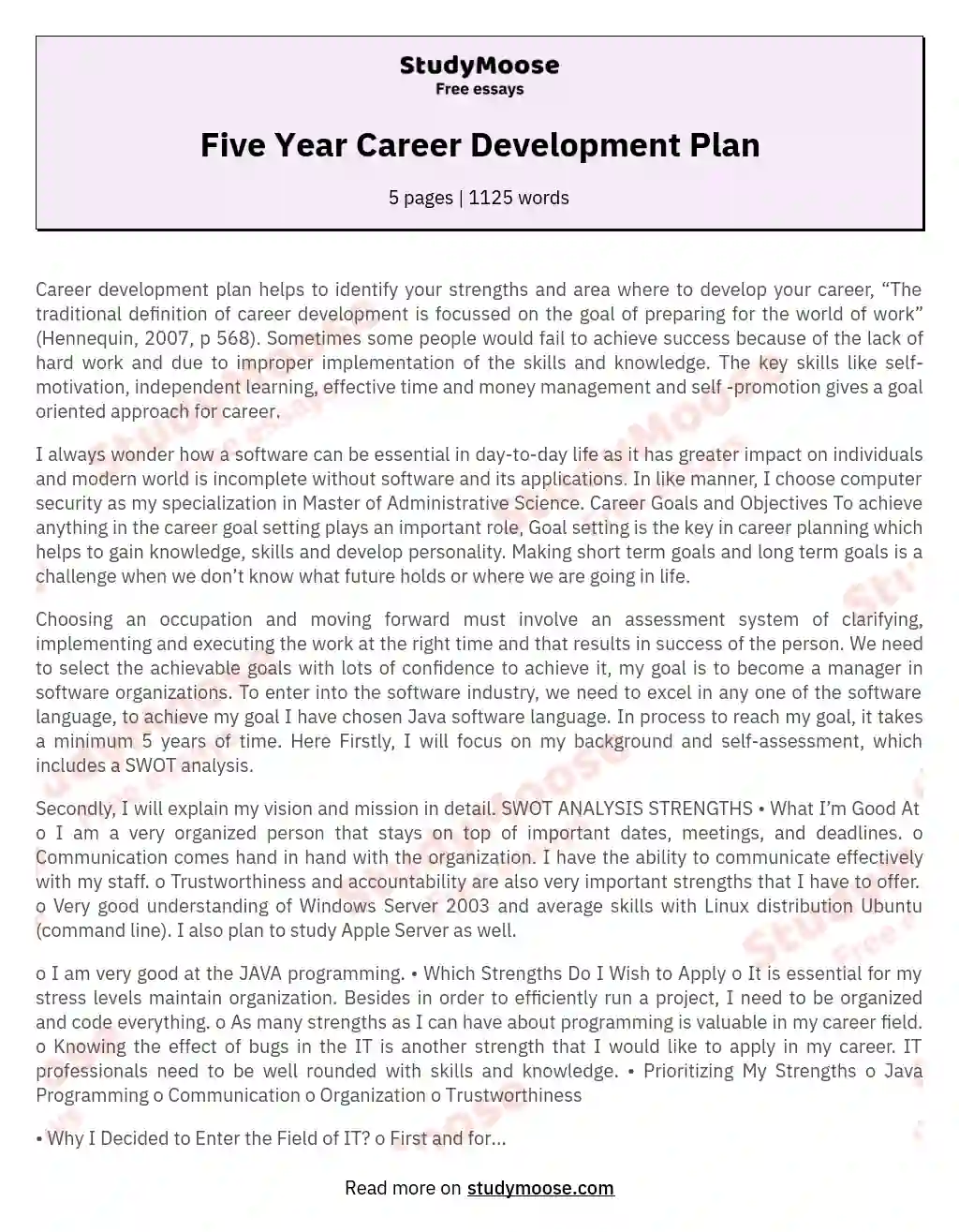 5 year career plan essay sample