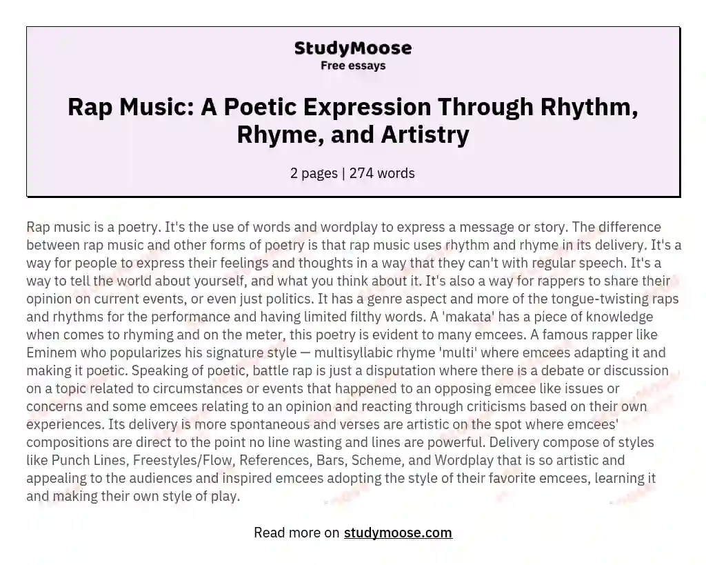 Rap Music: A Poetic Expression Through Rhythm, Rhyme, and Artistry essay