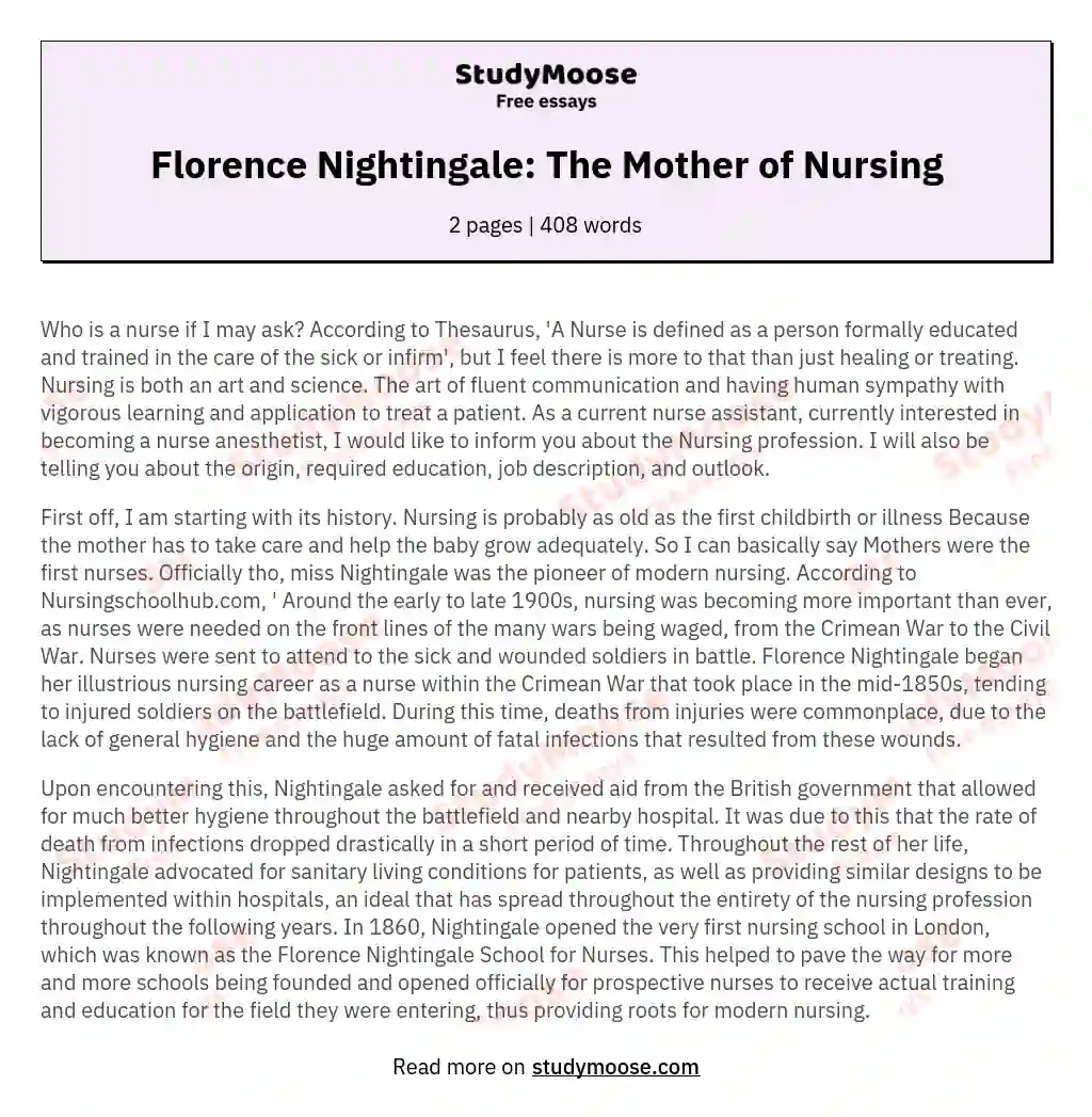 Florence Nightingale: The Mother of Nursing essay