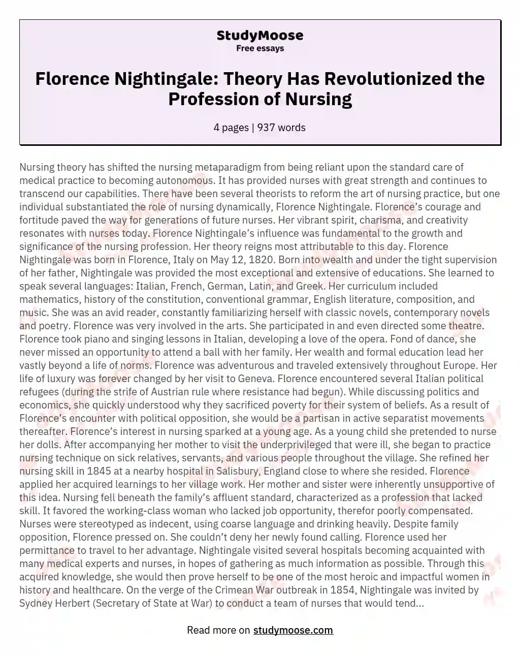 Florence Nightingale: Theory Has Revolutionized the Profession of Nursing