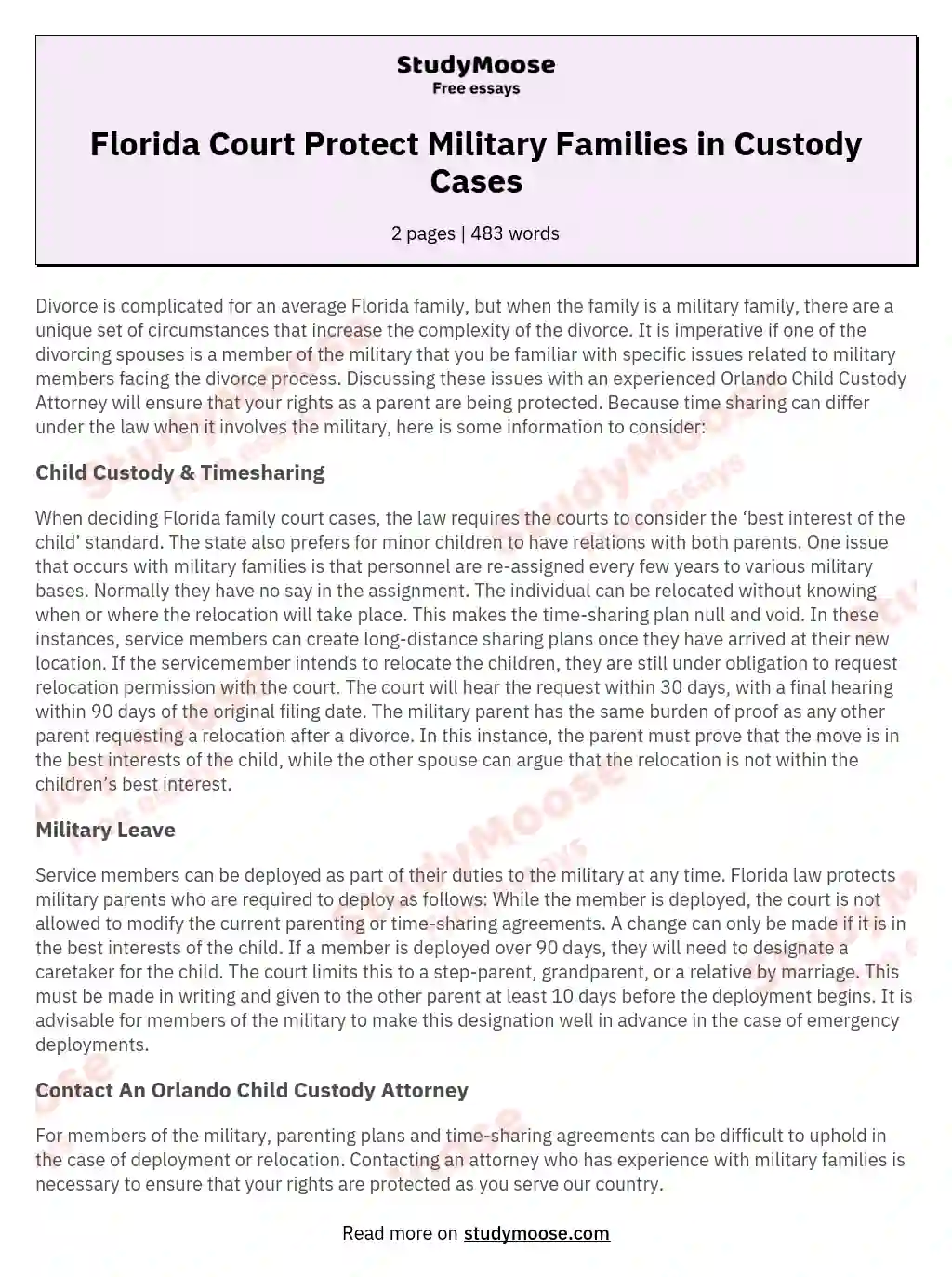 Florida Court Protect Military Families in Custody Cases essay