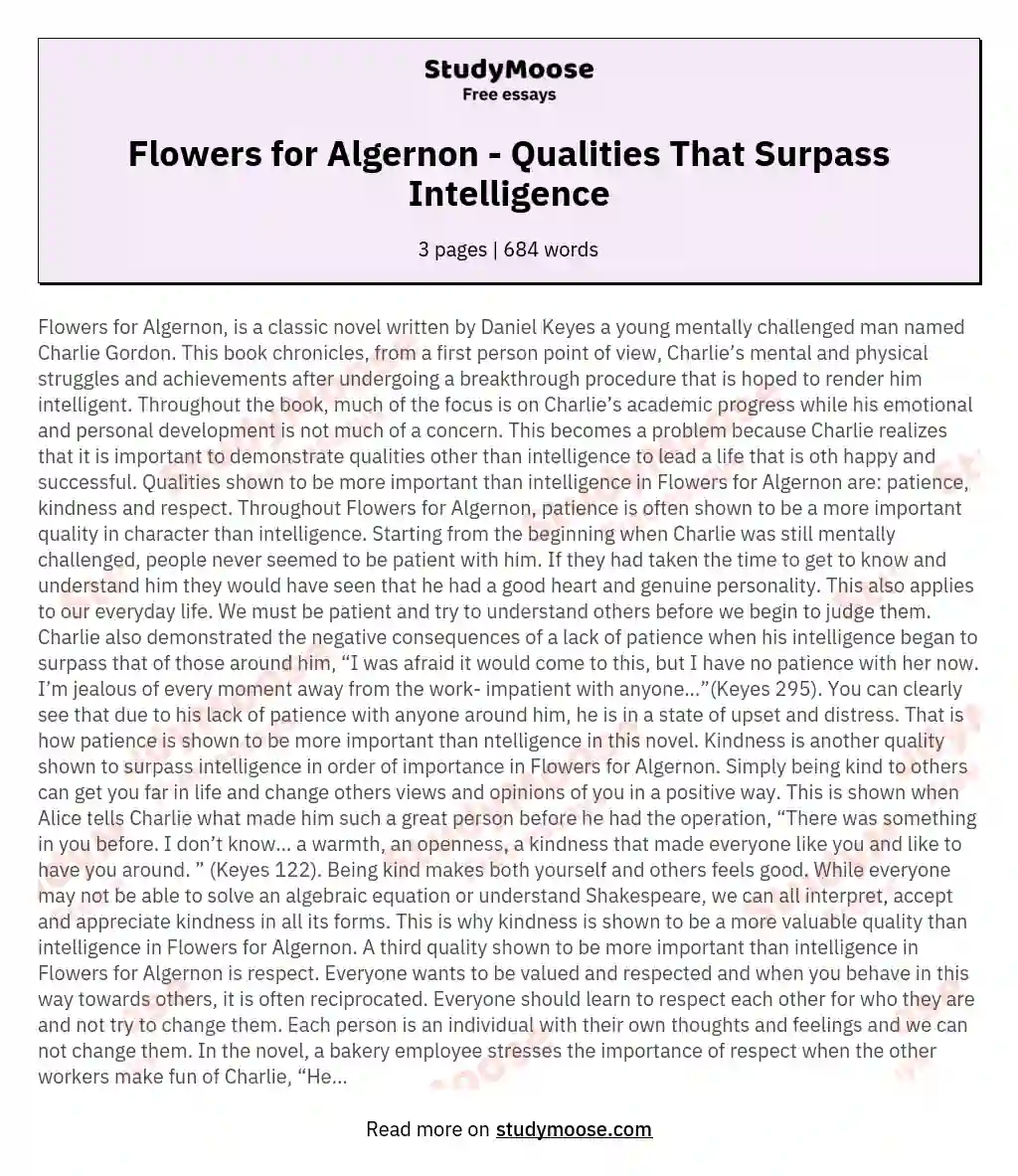 Flowers for Algernon - Qualities That Surpass Intelligence essay
