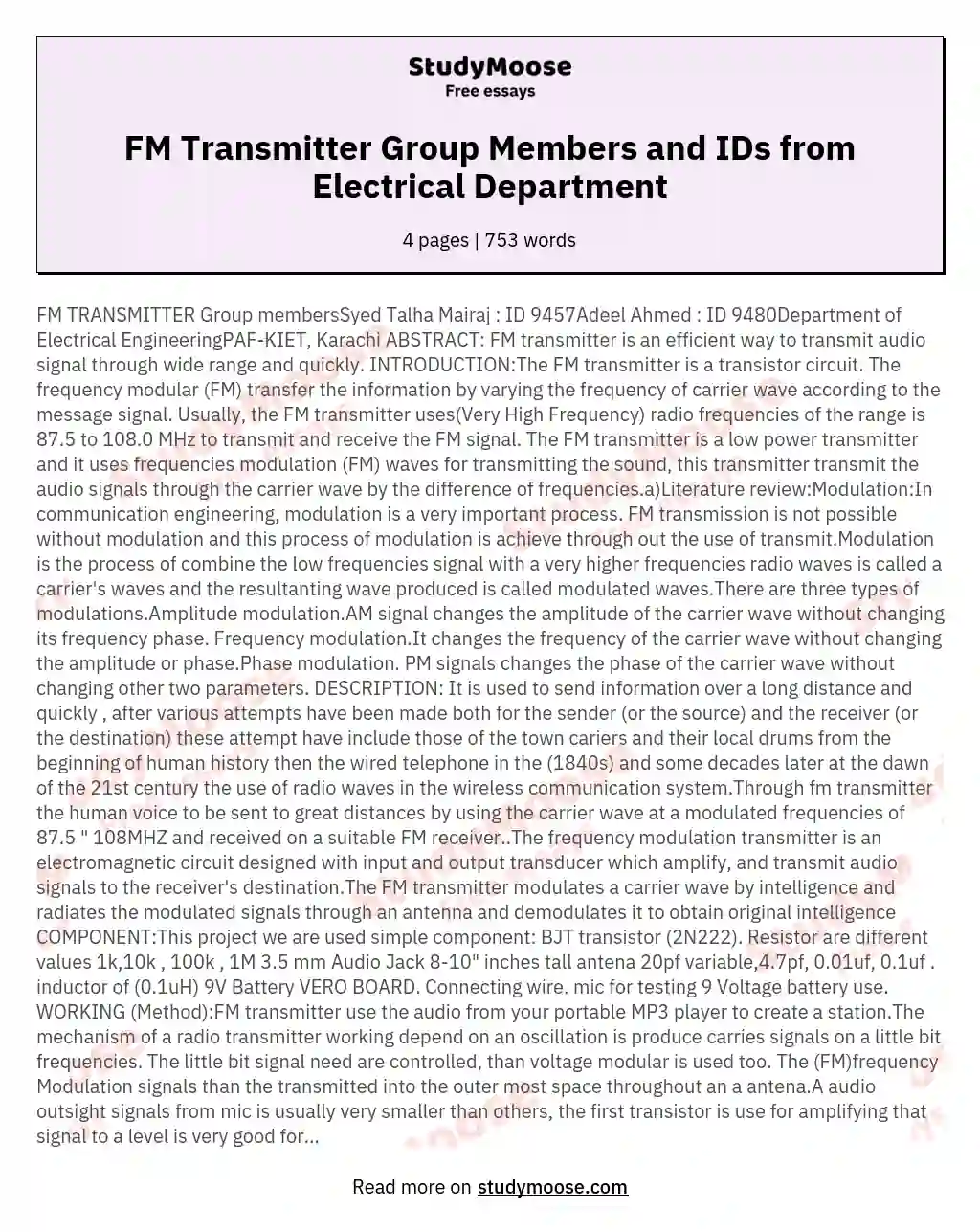 FM TRANSMITTER Group membersSyed Talha Mairaj ID 9457Adeel Ahmed ID 9480Department of Electrical