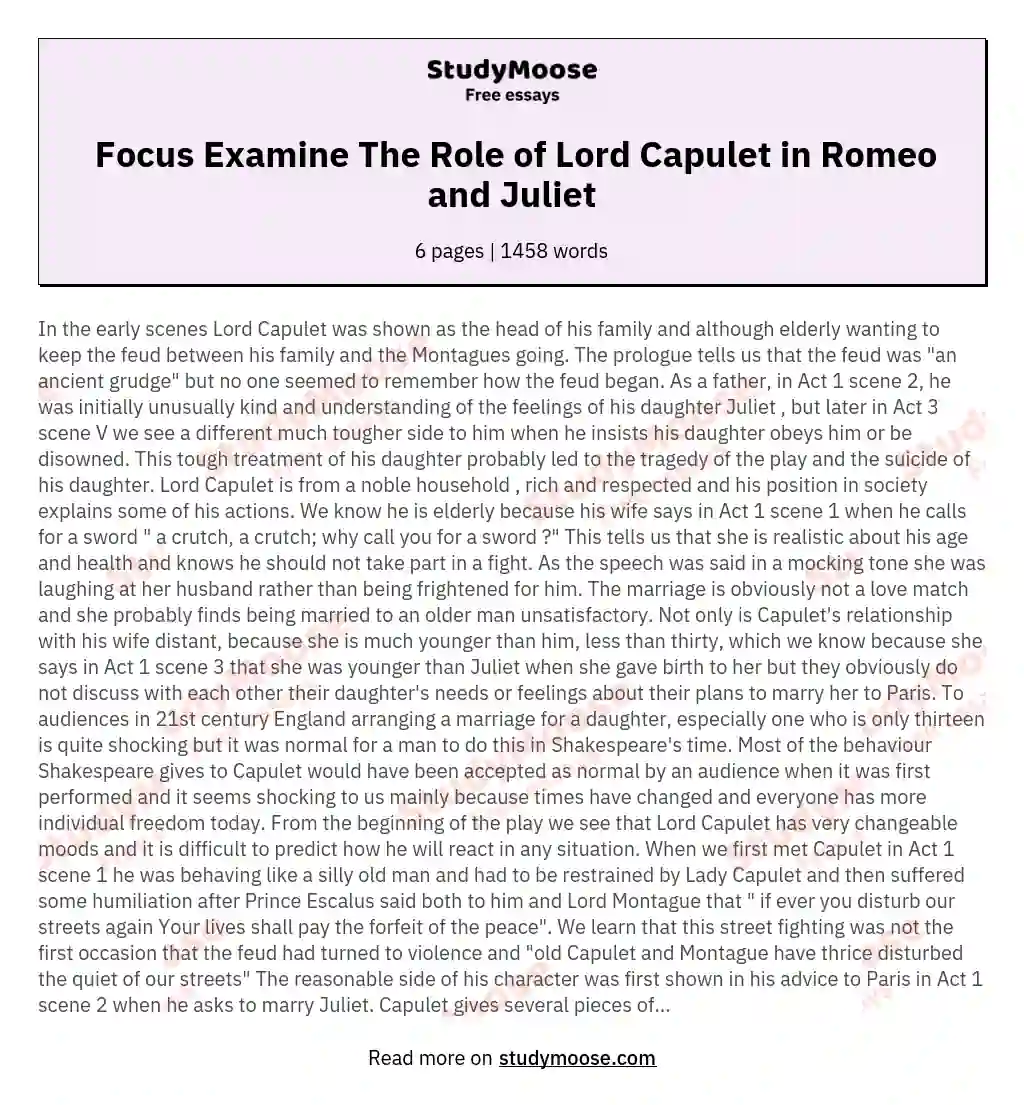  Focus Examine The Role of Lord Capulet in Romeo and Juliet essay