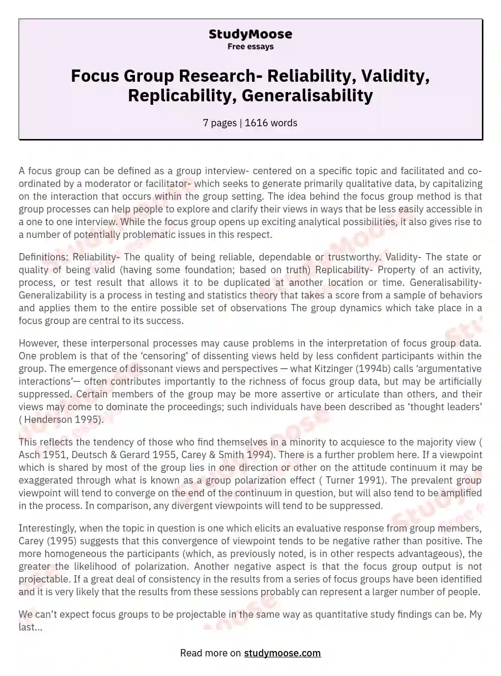 Focus Group Research- Reliability, Validity, Replicability, Generalisability essay