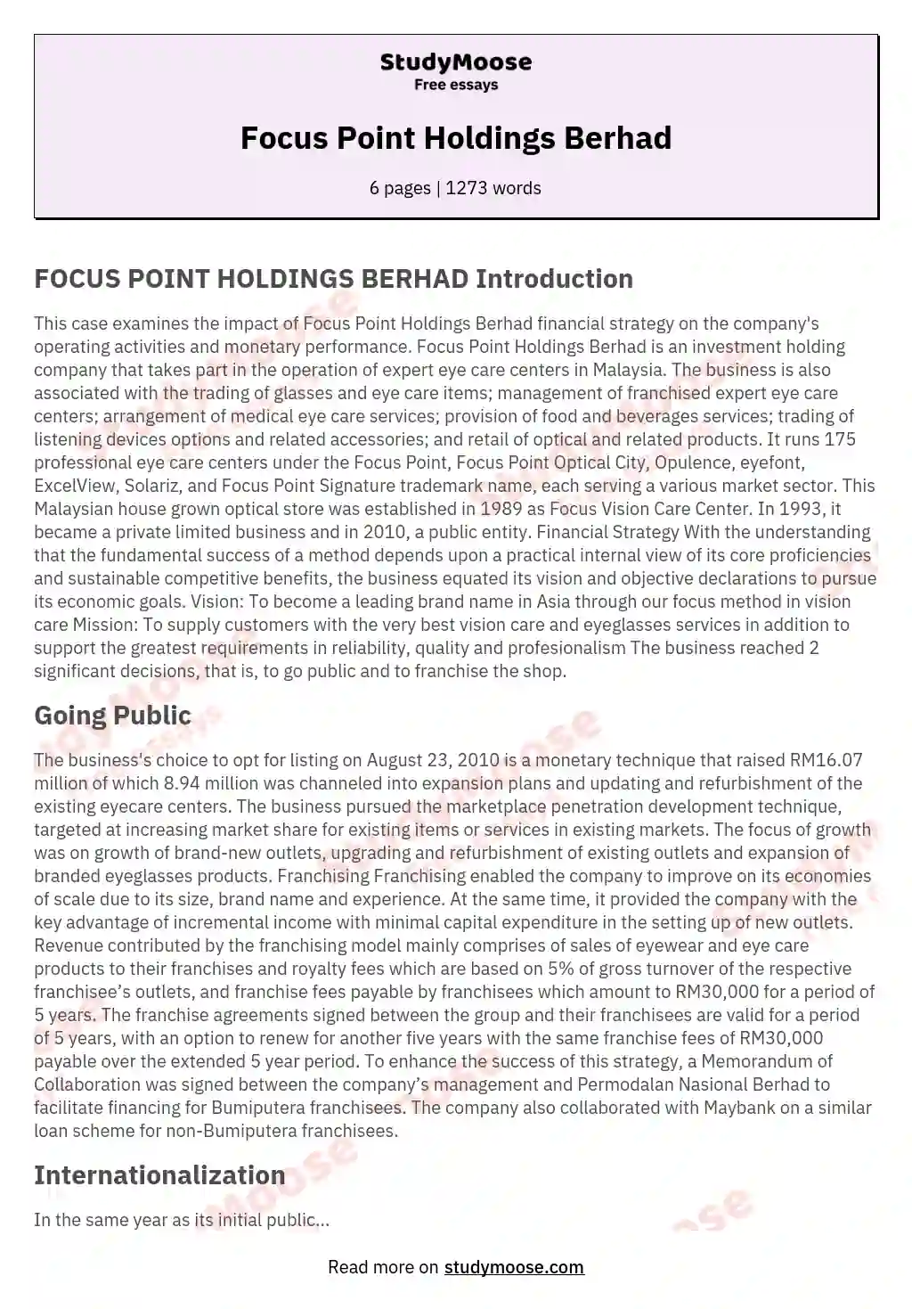 Focus Point Holdings Berhad essay