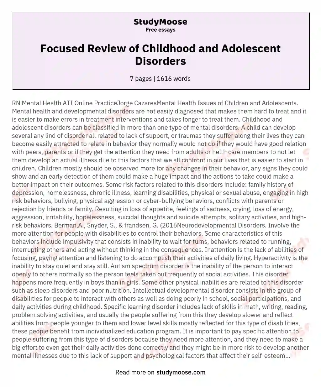 Focused Review of Childhood and Adolescent Disorders essay