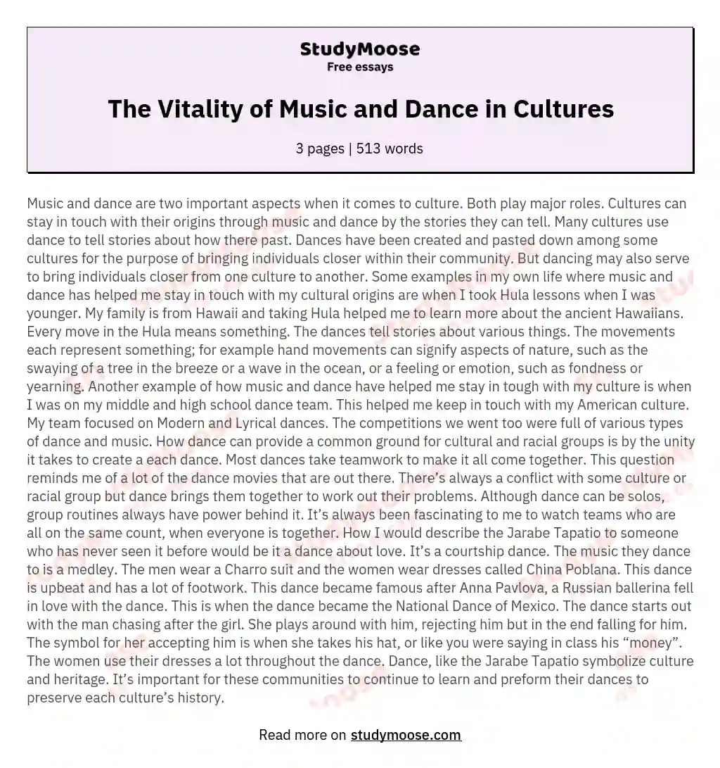 The Vitality of Music and Dance in Cultures essay
