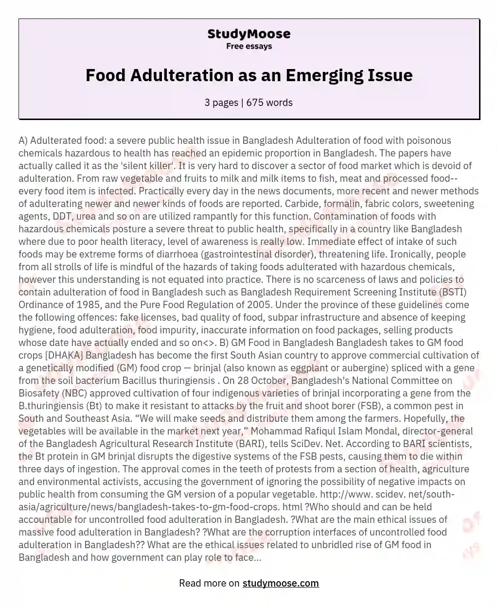 Food Adulteration as an Emerging Issue essay