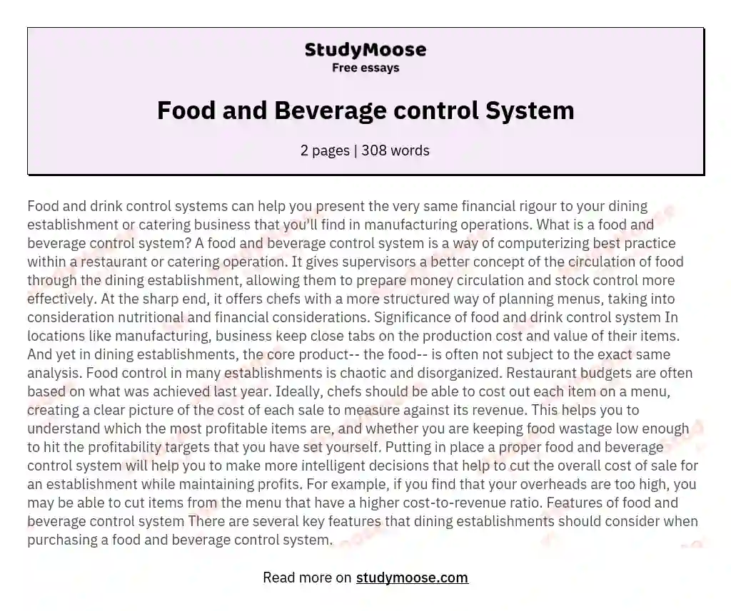Food and Beverage control System essay