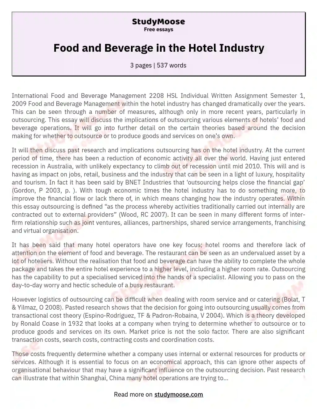 Food and Beverage in the Hotel Industry essay