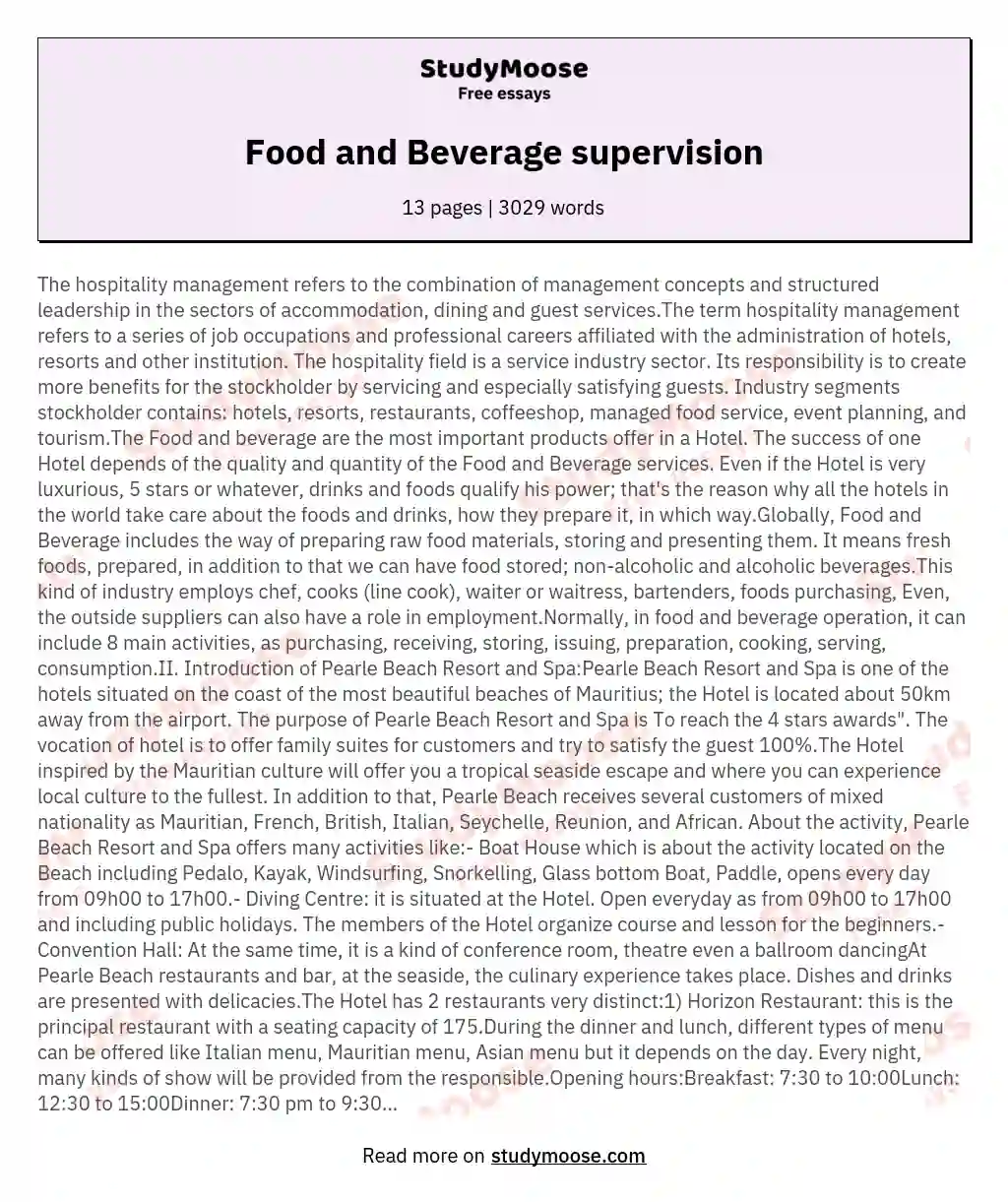 Food and Beverage supervision essay
