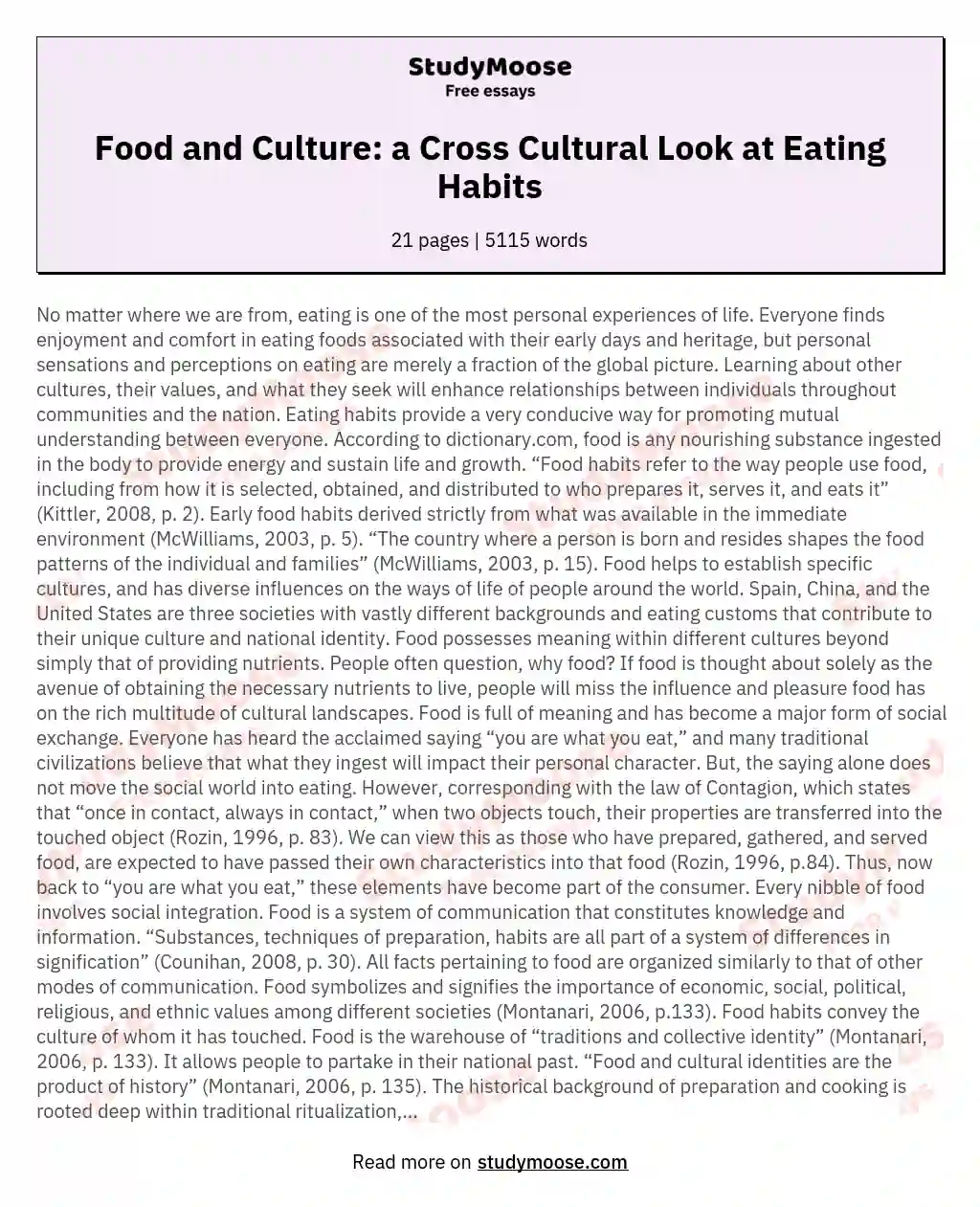 Food and Culture: a Cross Cultural Look at Eating Habits essay