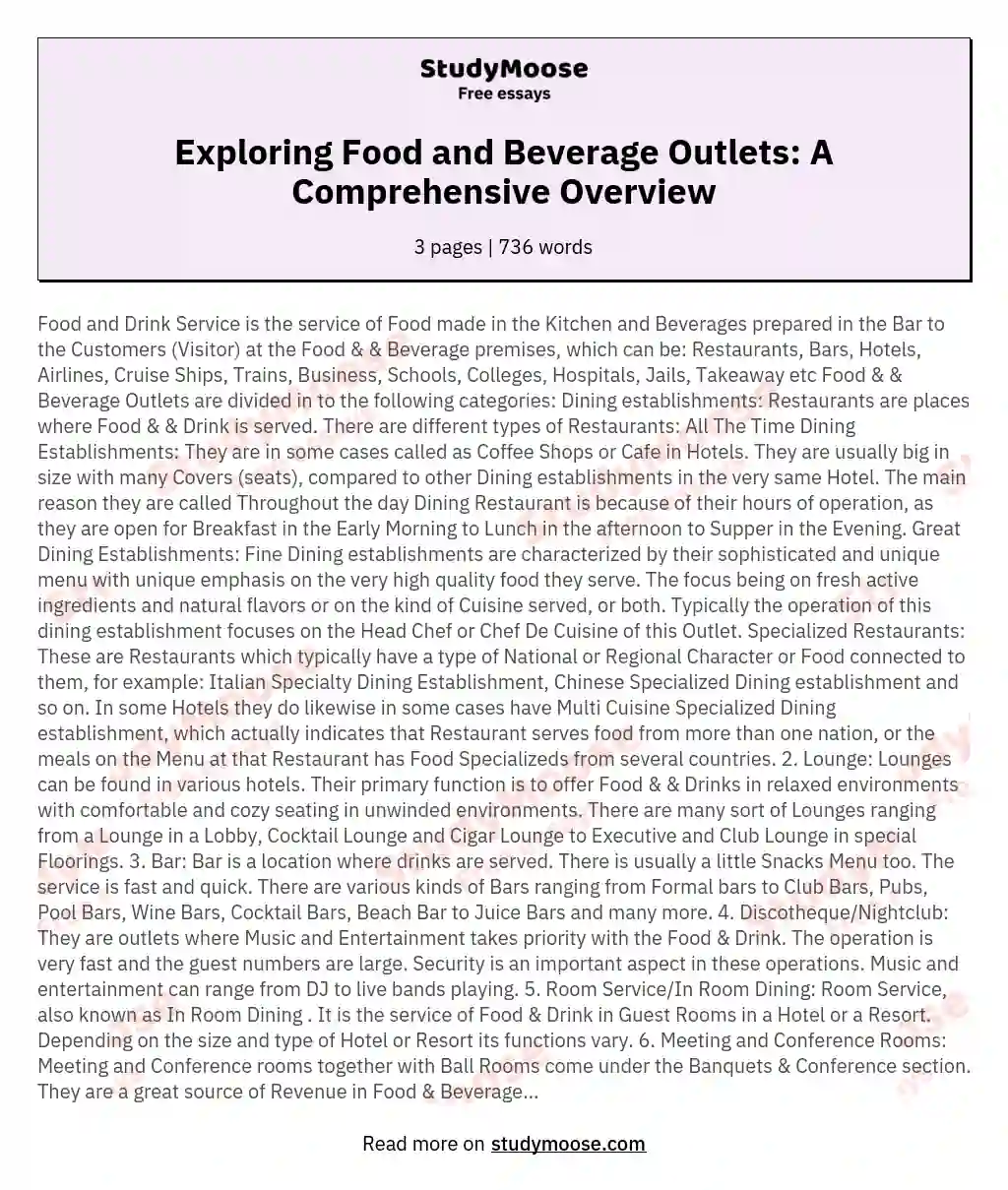 Exploring Food and Beverage Outlets: A Comprehensive Overview essay