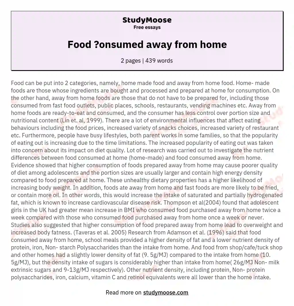 Food ?onsumed away from home essay