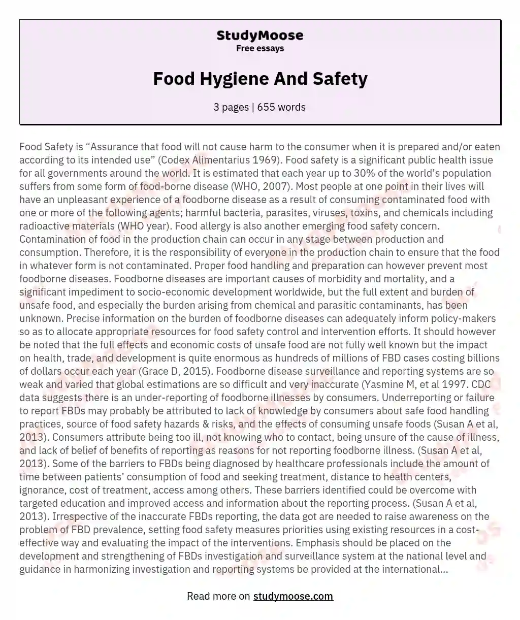 Food Hygiene And Safety essay
