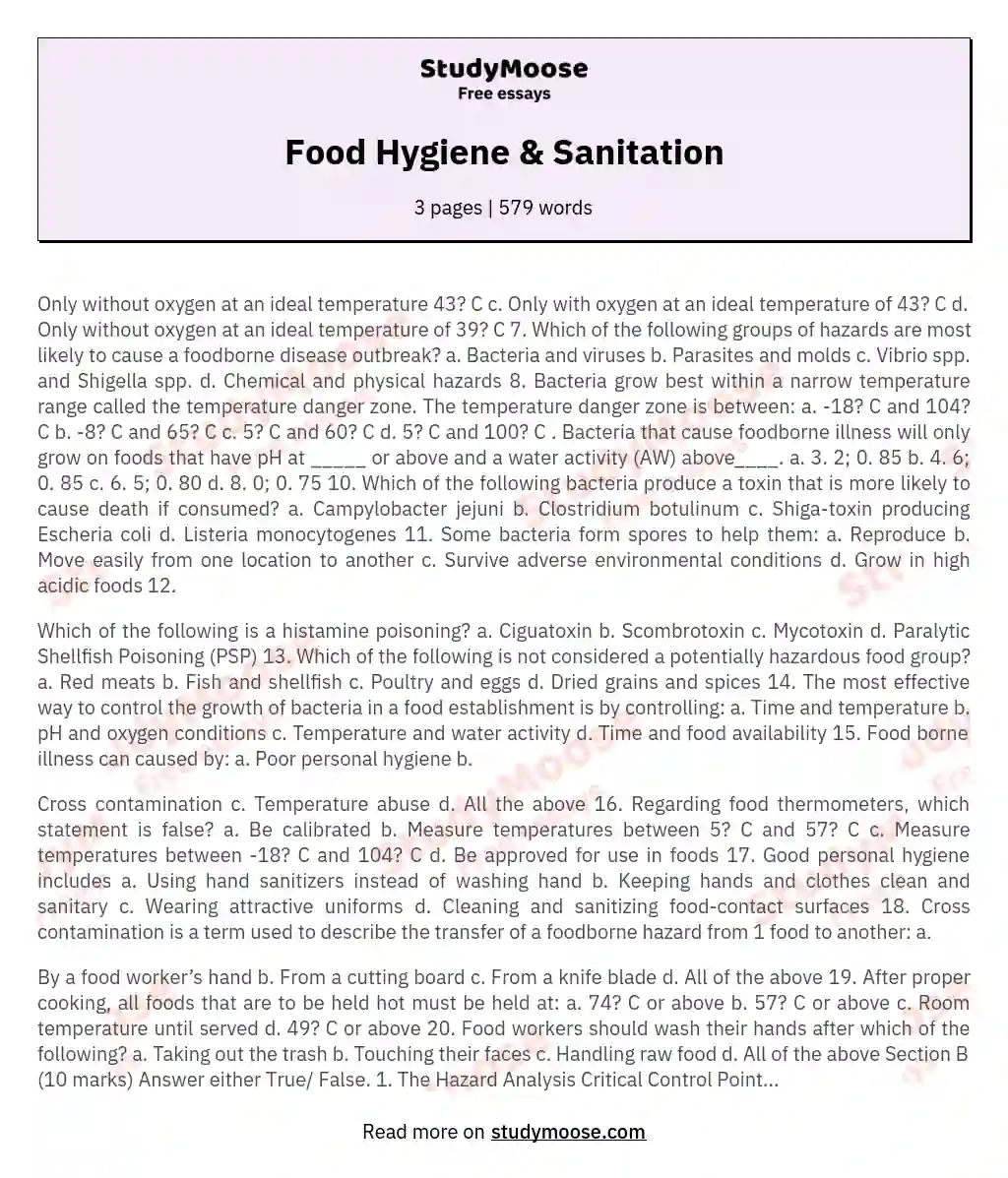 Food Hygiene &amp; Sanitation essay