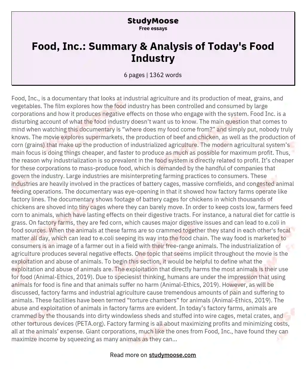 Food, Inc.: Summary & Analysis of Today's Food Industry essay