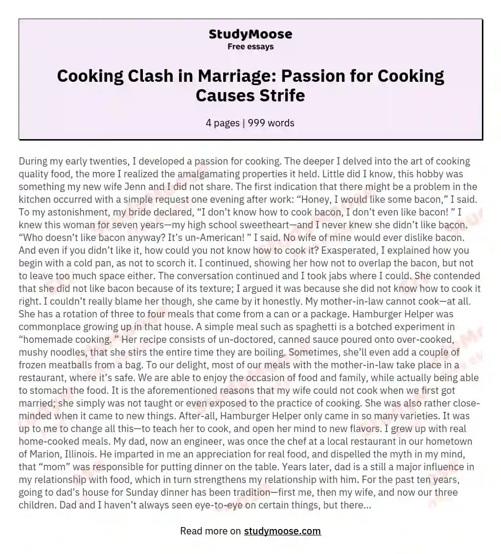 Cooking Clash in Marriage: Passion for Cooking Causes Strife essay