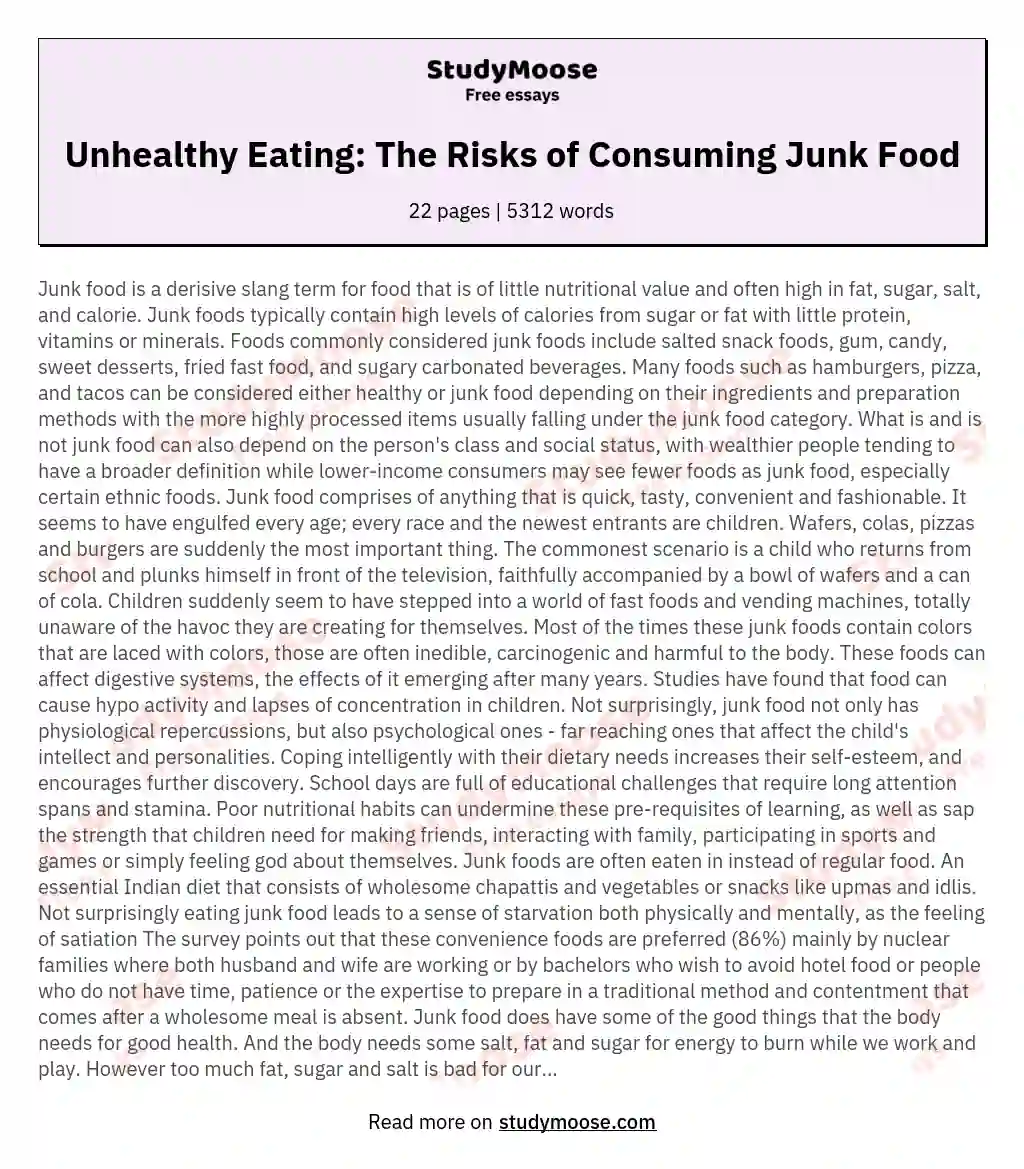 Unhealthy Eating: The Risks of Consuming Junk Food essay