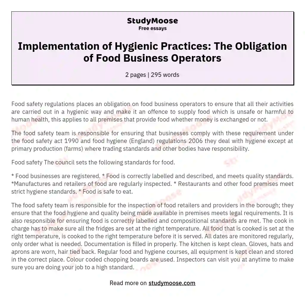 Implementation of Hygienic Practices: The Obligation of Food Business Operators essay