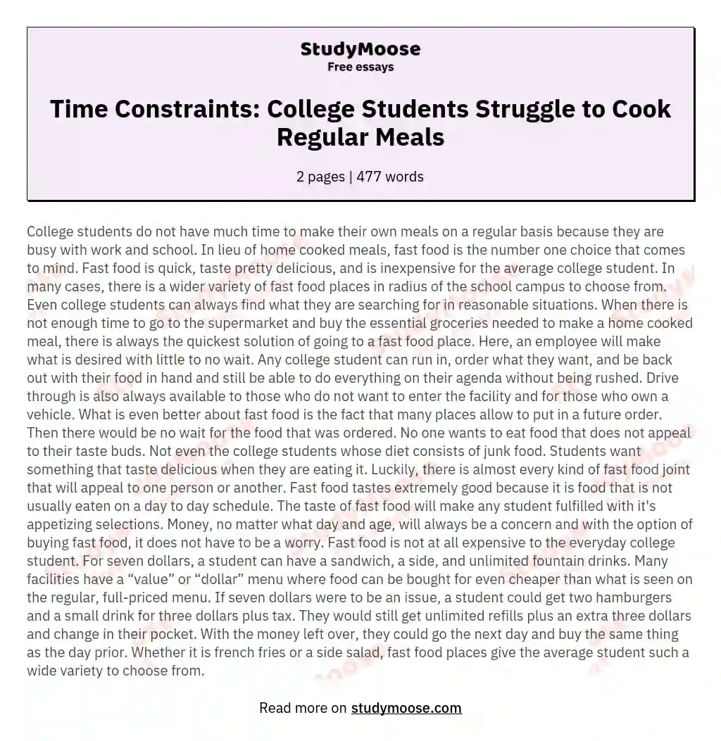 Time Constraints: College Students Struggle to Cook Regular Meals essay