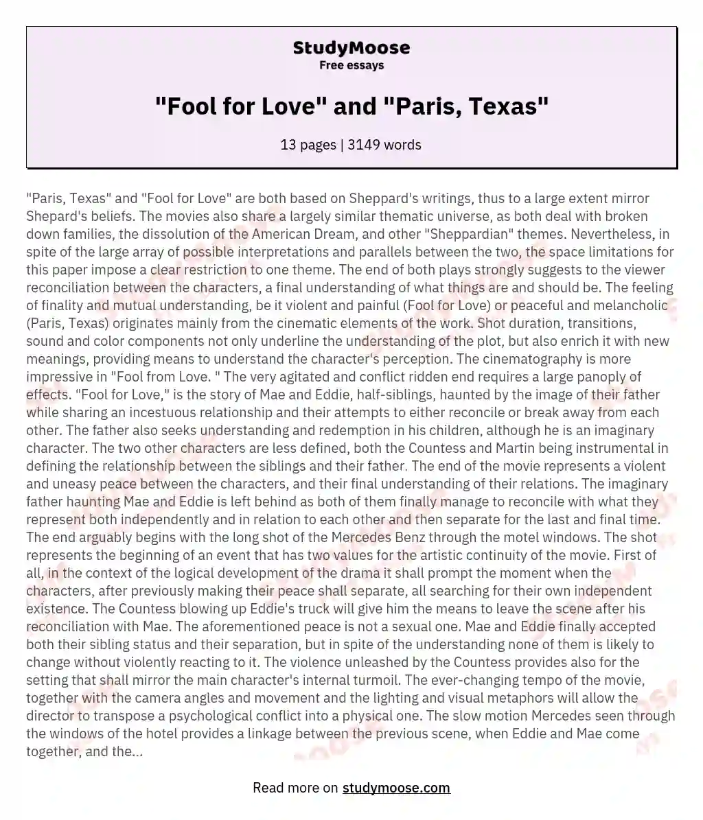 "Fool for Love" and "Paris, Texas" essay